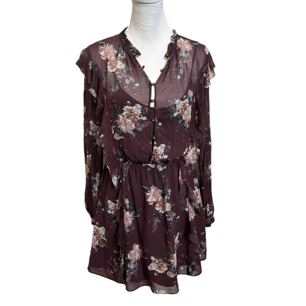 3/$30 Intermix Madeline Silk Floral Sheer Sleeve Ruffle Mini Dress Womens Size 4